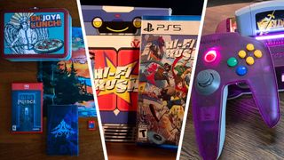 A split image featuring a collector's edition of Blue Prince, a collector's edition of Hi Fi Rush, and a ModRetro M64.