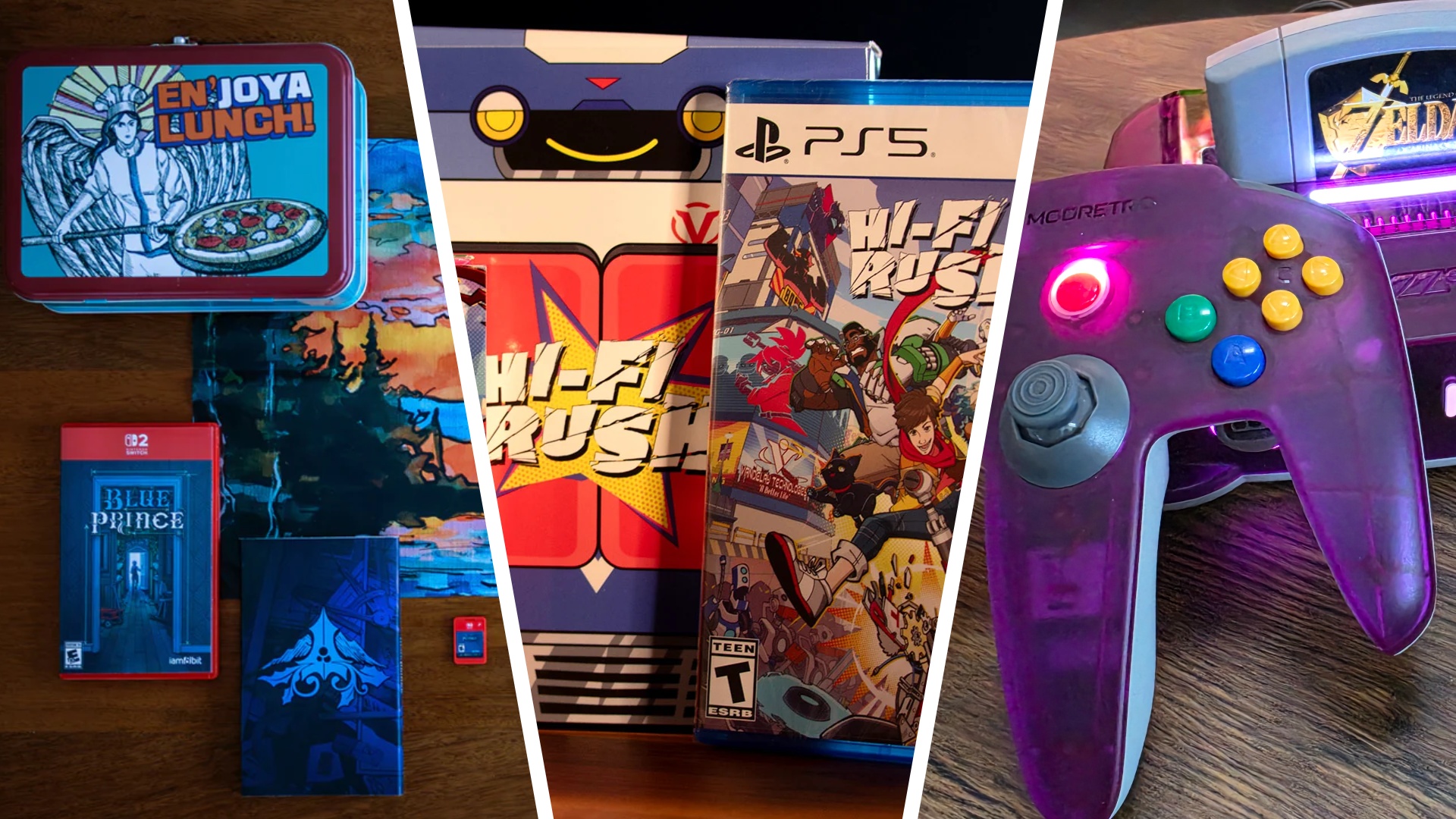 A split image featuring a collector's edition of Blue Prince, a collector's edition of Hi Fi Rush, and a ModRetro M64.