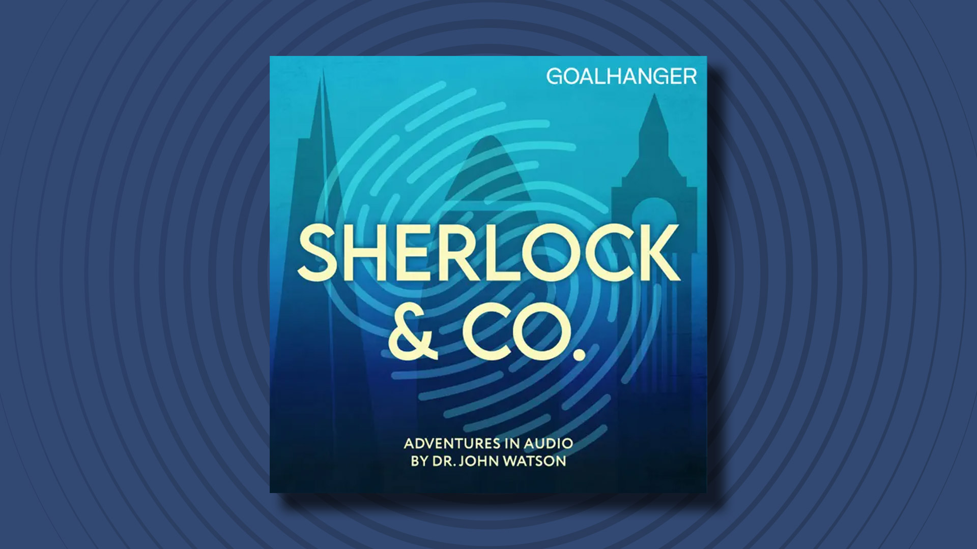The logo of the Sherlock &amp;amp; Co. podcast on a dark blue background