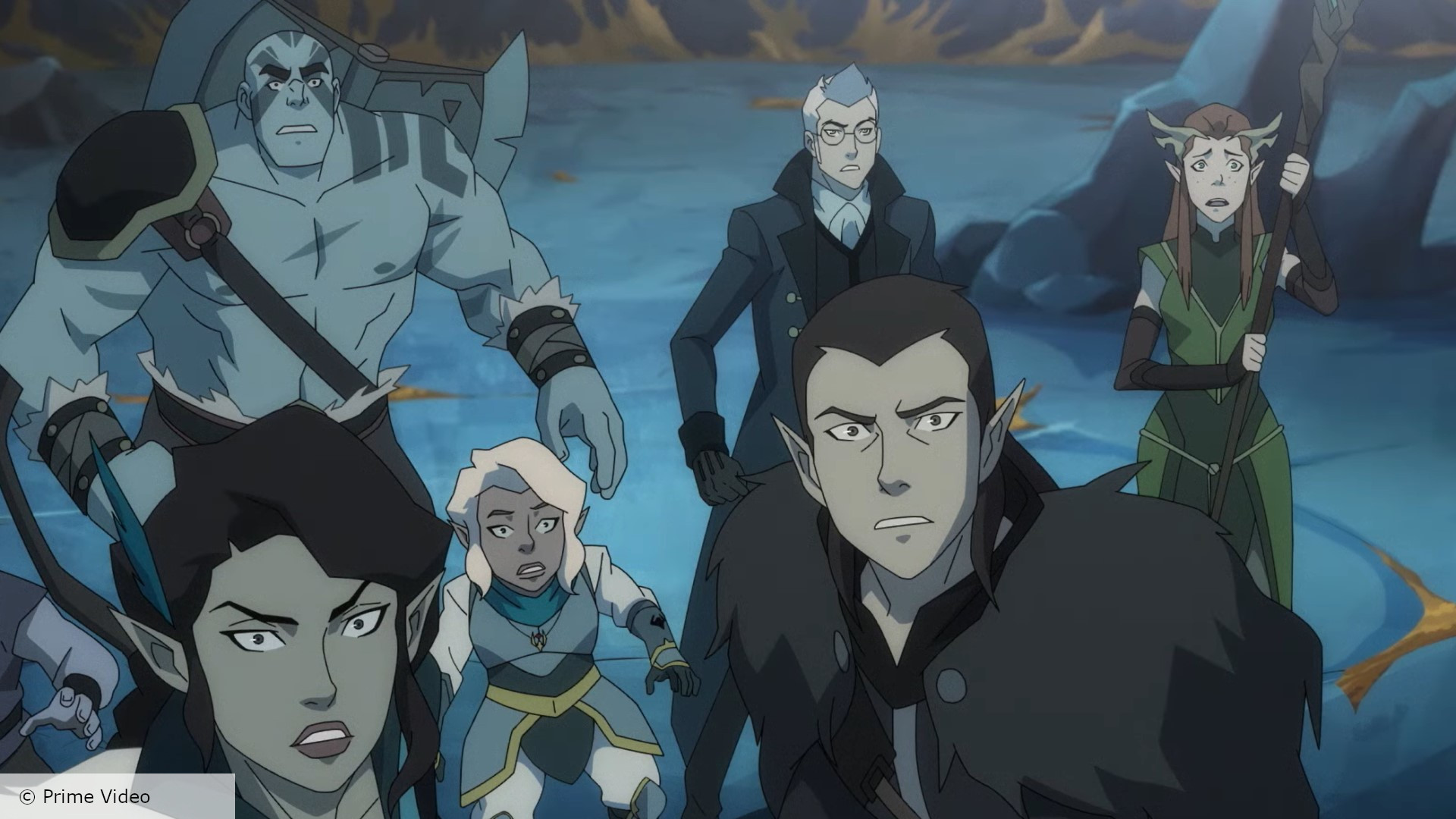 Grog, Vax, Pike, Vex, Percy, and Keyleth look shocked in The Legend of Vox Machina season 3
