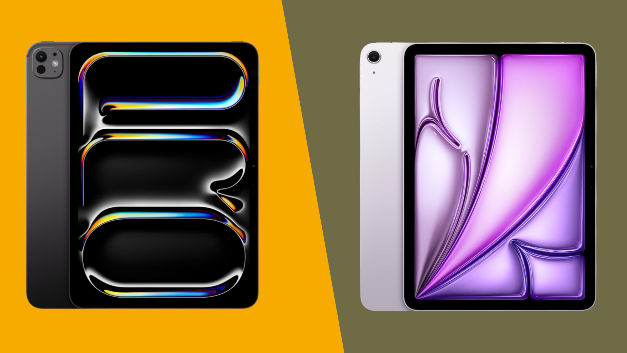 An iPad Pro (2024) next to an iPad Air (2025) on a colored background
