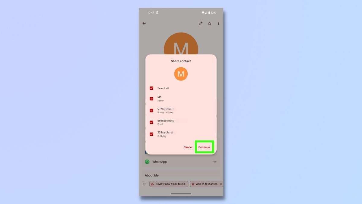 Screenshot showing how to share contact details on Android phone - select details