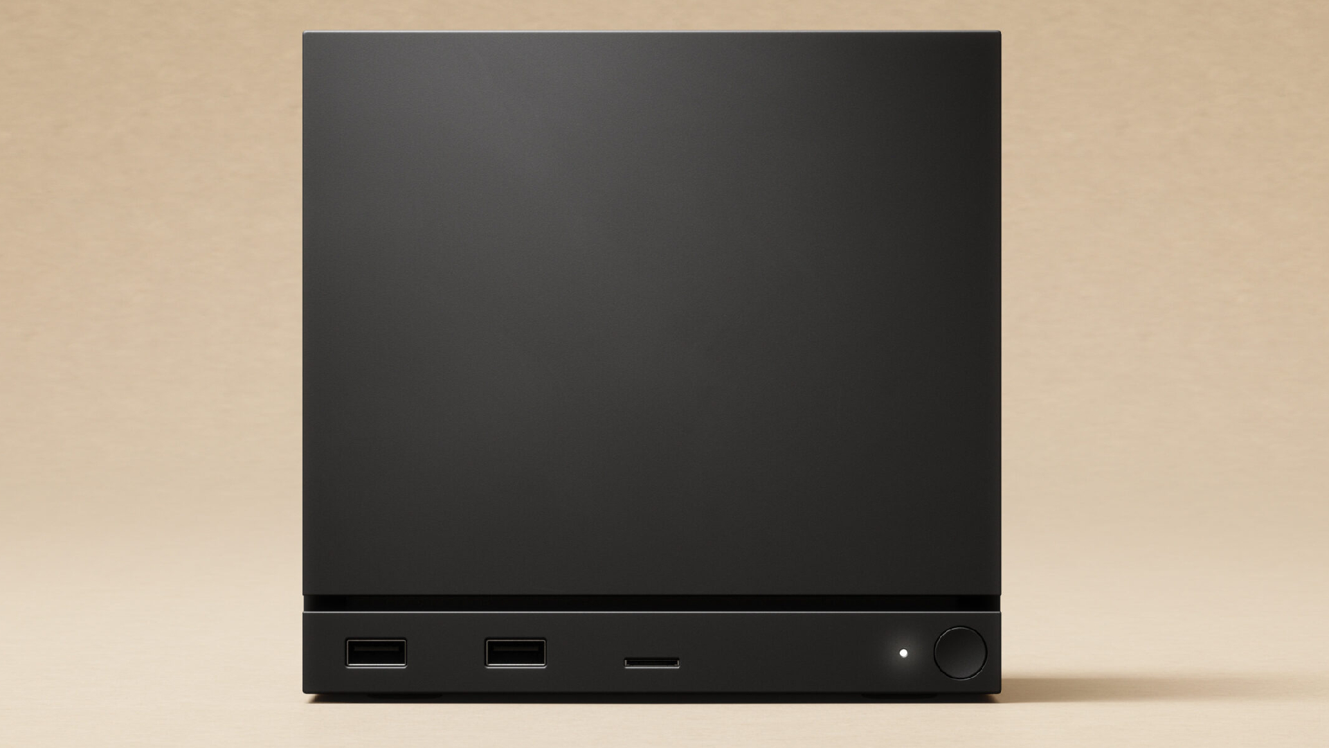 The Steam Machine, a black cube, on a beige background