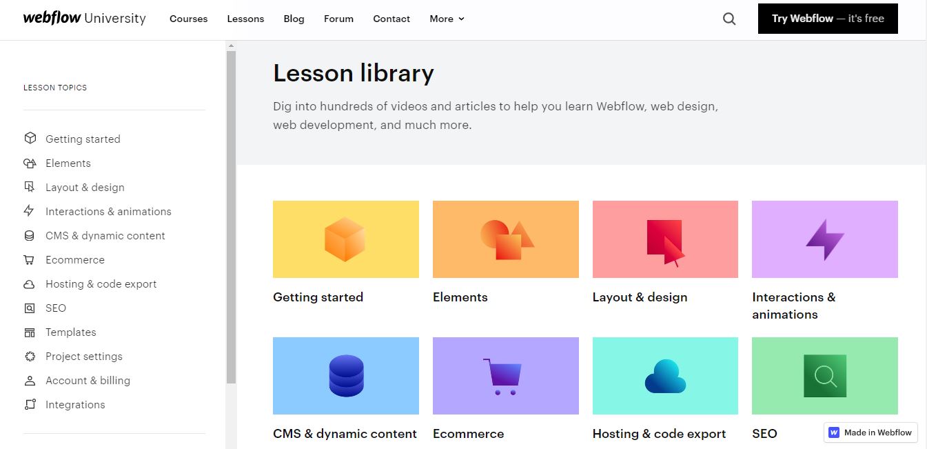 screenshot of webflow university