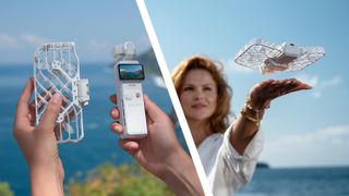 HoverAir's Versa 2-in-1 pocket gimbal camera and drone on a sunny day — the two components unattached in user's hands (left) and then together, taking off from person's hand (right)