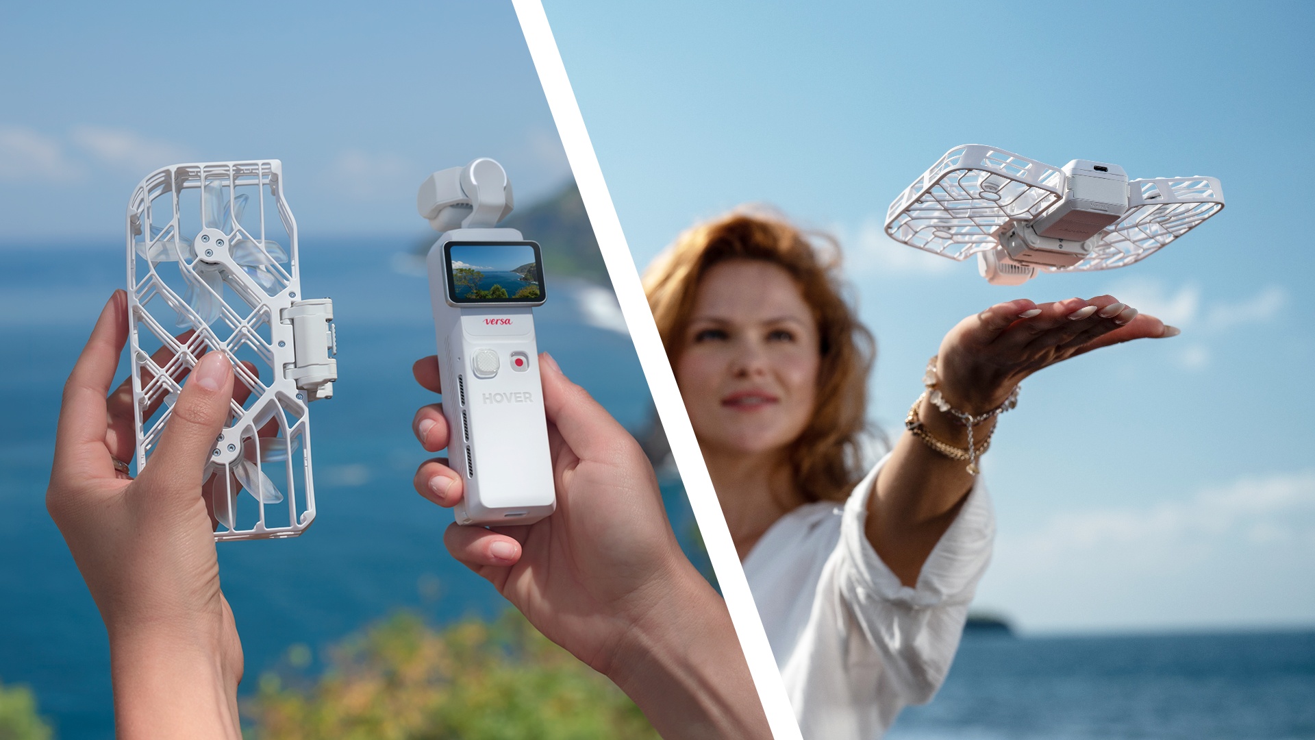 HoverAir's Versa 2-in-1 pocket gimbal camera and drone on a sunny day &mdash; the two components unattached in user's hands (left) and then together, taking off from person's hand (right)