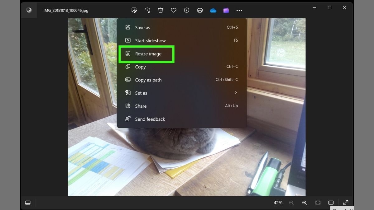 Screenshot showing how to resize images in Windows Photo - Select resize image