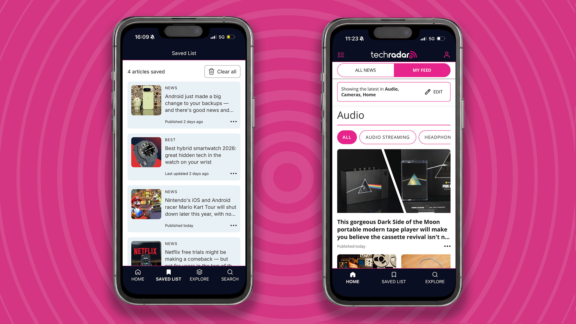 Two iPhones showing the TechRadar app