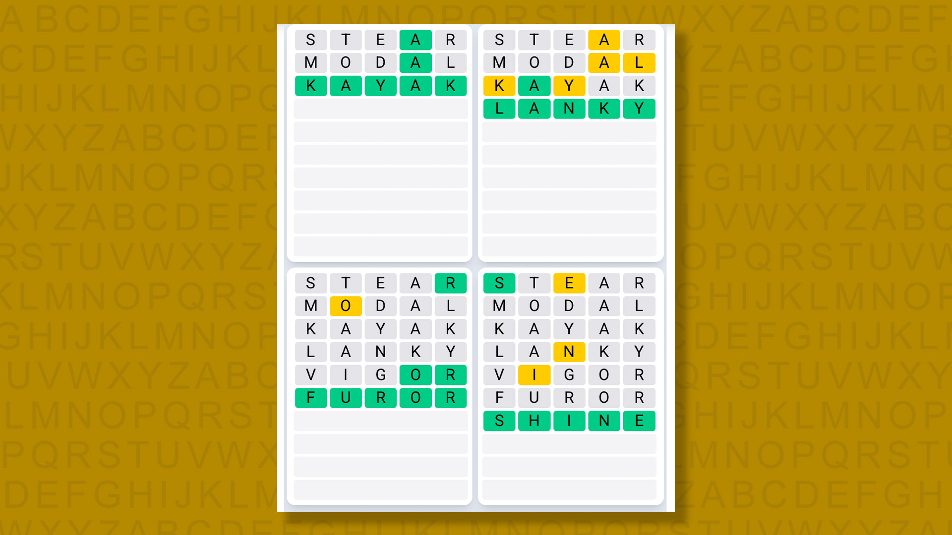 Quordle Daily Sequence answers for game 1583 on a yellow background