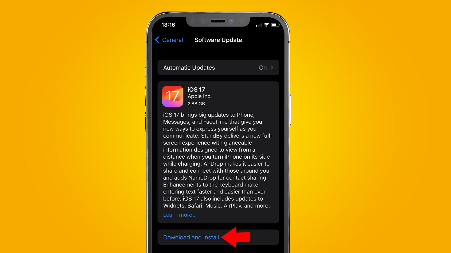 An iPhone showing the install page for iOS 17