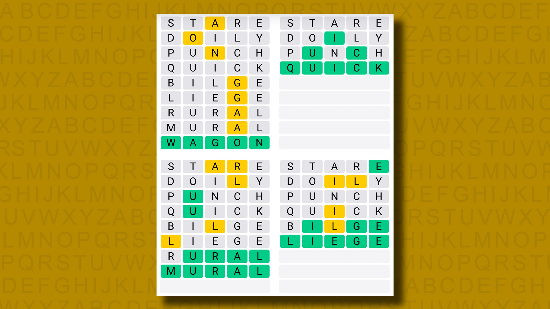 Quordle answers for game 831 on a yellow background