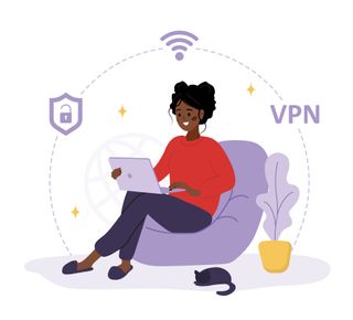 Illustration of a person sitting on a purple chair and using a laptop, with a cat curled up at their feet