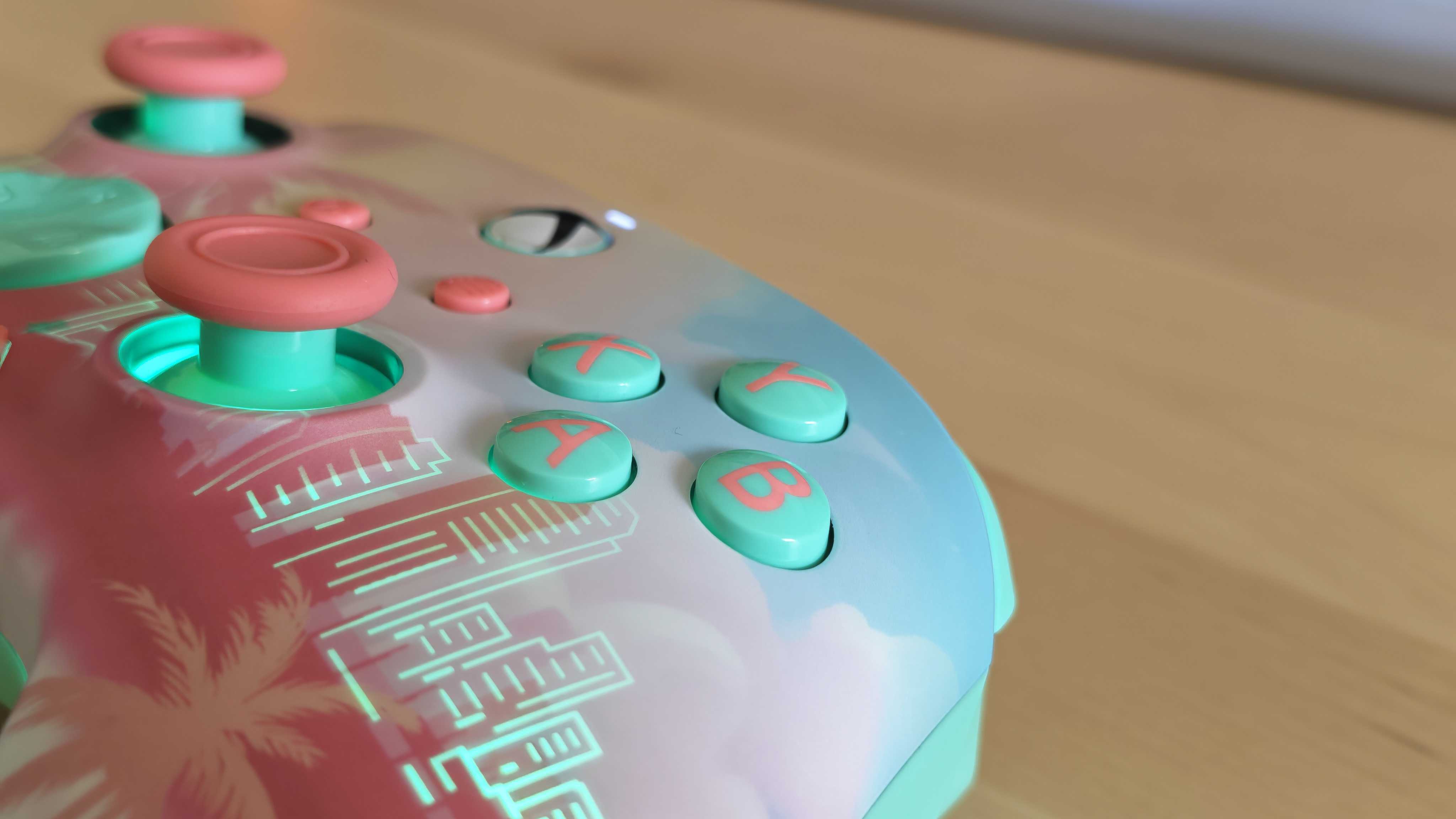 The Turtle Beach Pacific Skyline Wireless Controller on a clean wooden surface.
