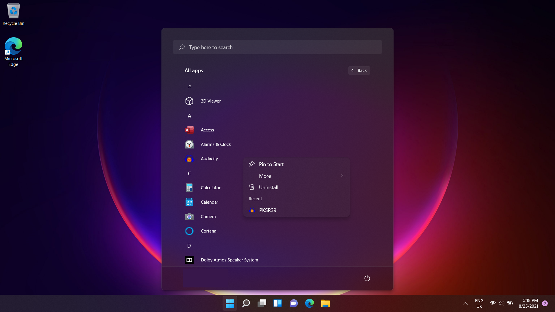 Windows 11 start menu