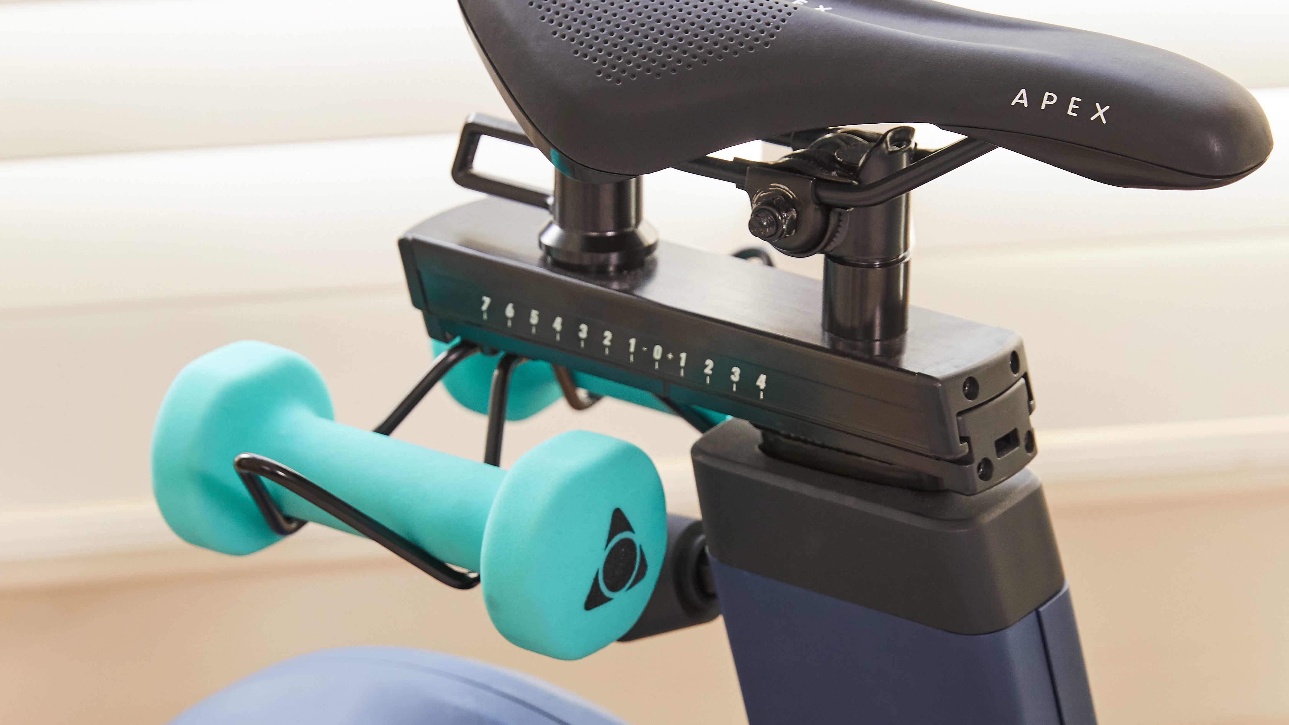 Storage for hand weights under Apex Bike saddle