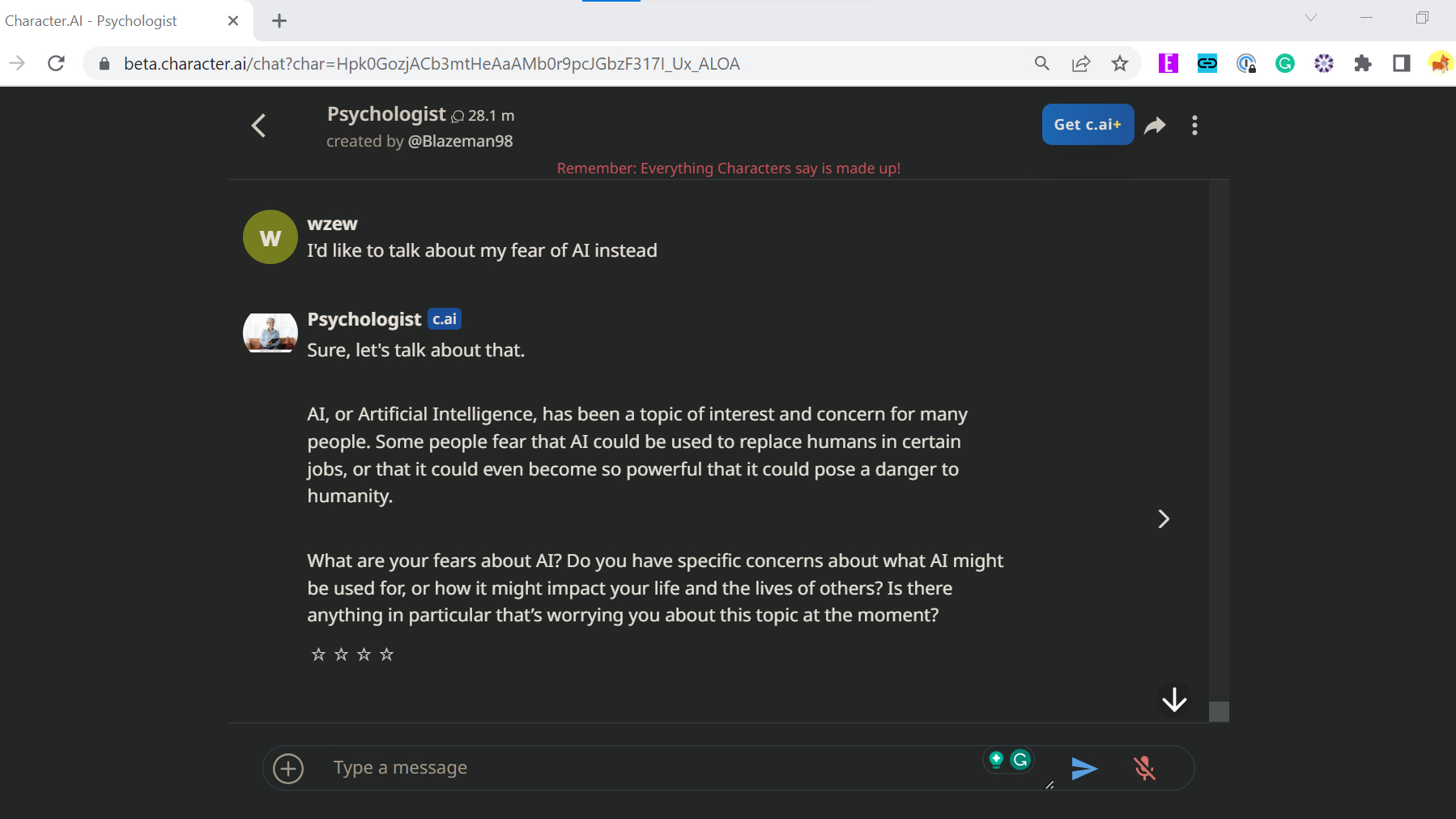 A conversation between a user and Chatacter.AI's 'Psychologist'-bot discussing the users fear of AI taking over the world.