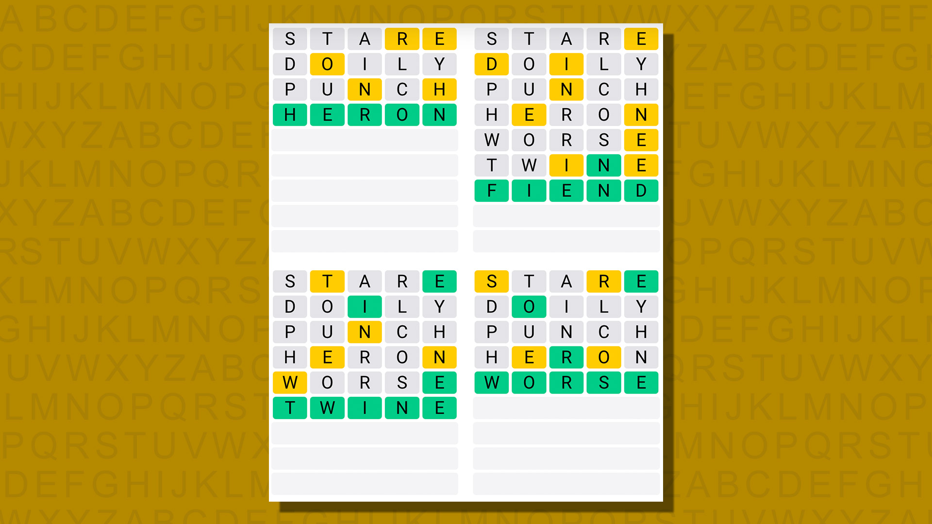Quordle answers for game 806 on a yellow background