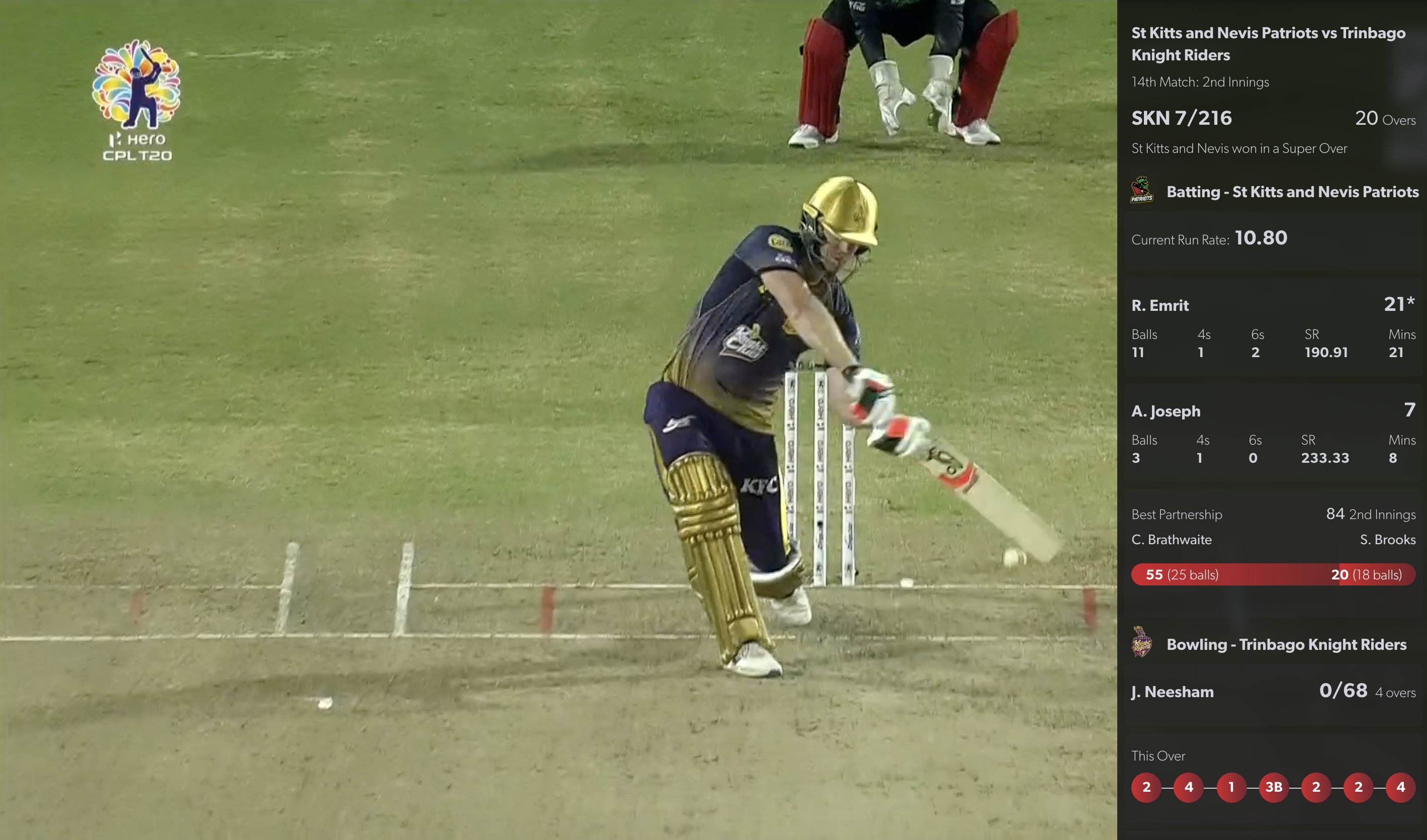 A cricket match on Kayo Sports with the interactive stats feature enabled