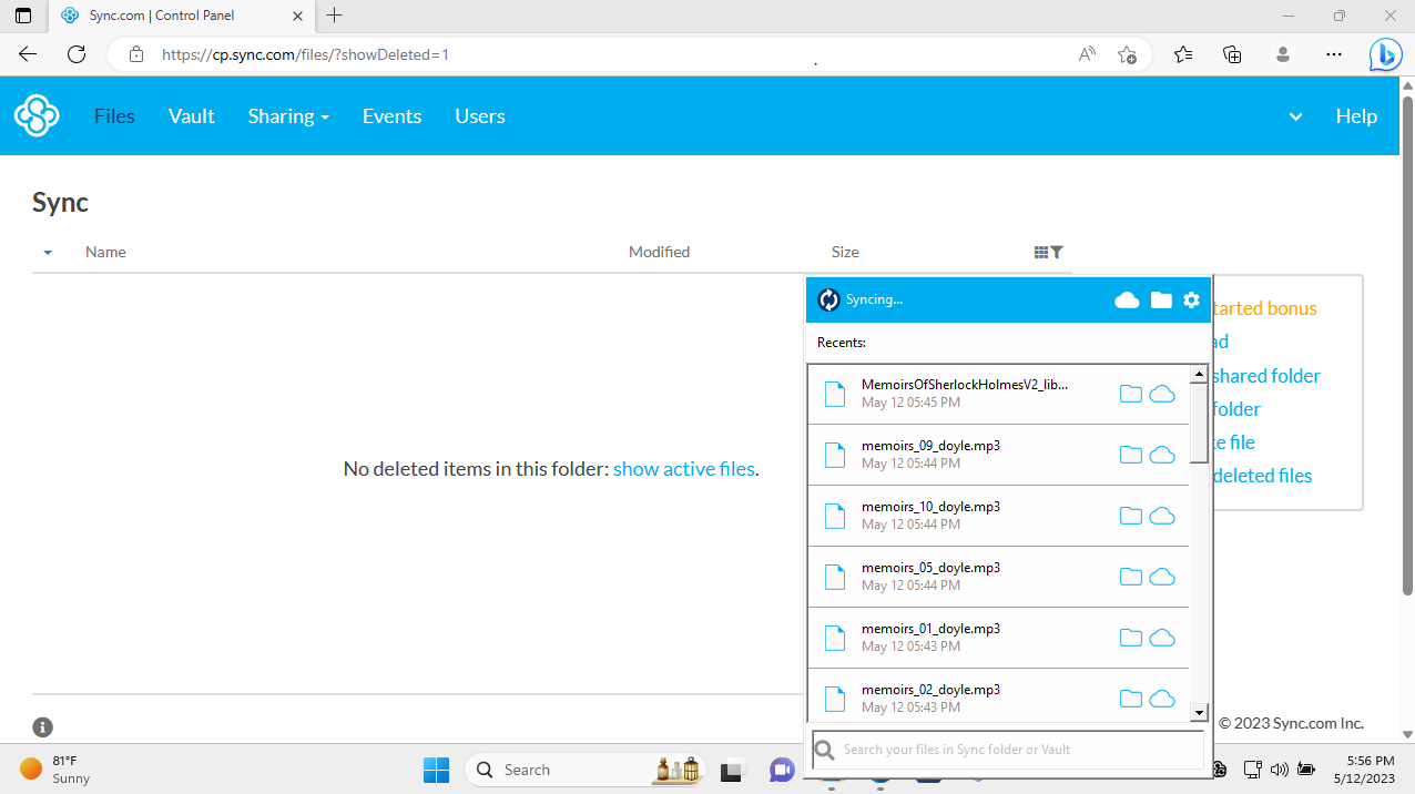 Sync.com cloud storage being tested by TechRadar Pro reviewer - screen shows