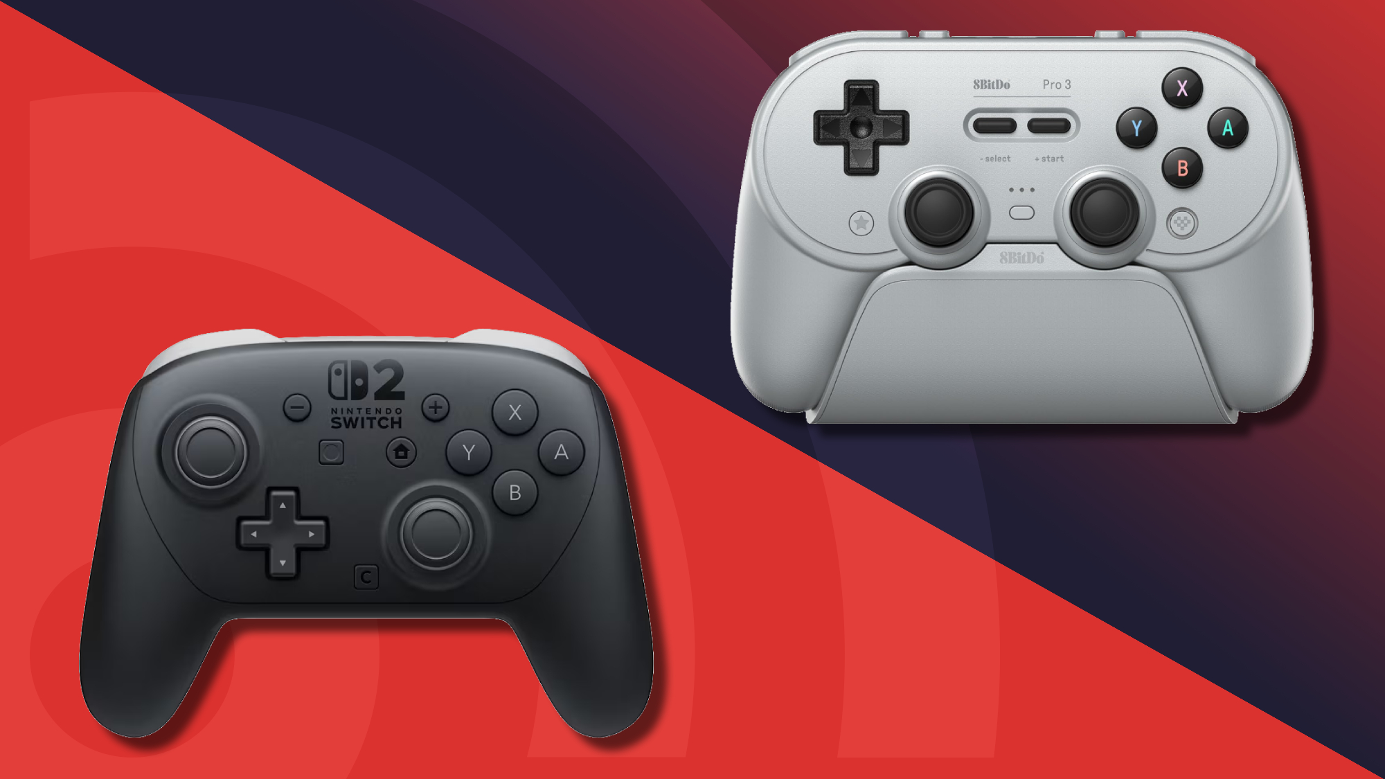 Best Nintendo Switch 2 controllers guide, featuring the Nintendo Switch 2 Pro Controller (left) and 8BitDo Pro 3 (right).