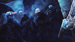 a group of soldiers shrouded in mist