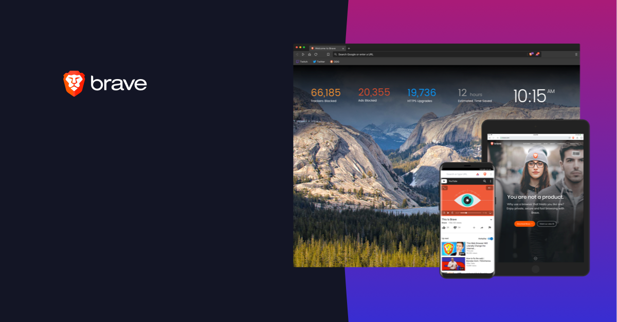 Brave browser running on a PC, mobile device, and tablet