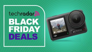 DJI Osmo Action 4 camera on a green background with Black Friday deals text overlay