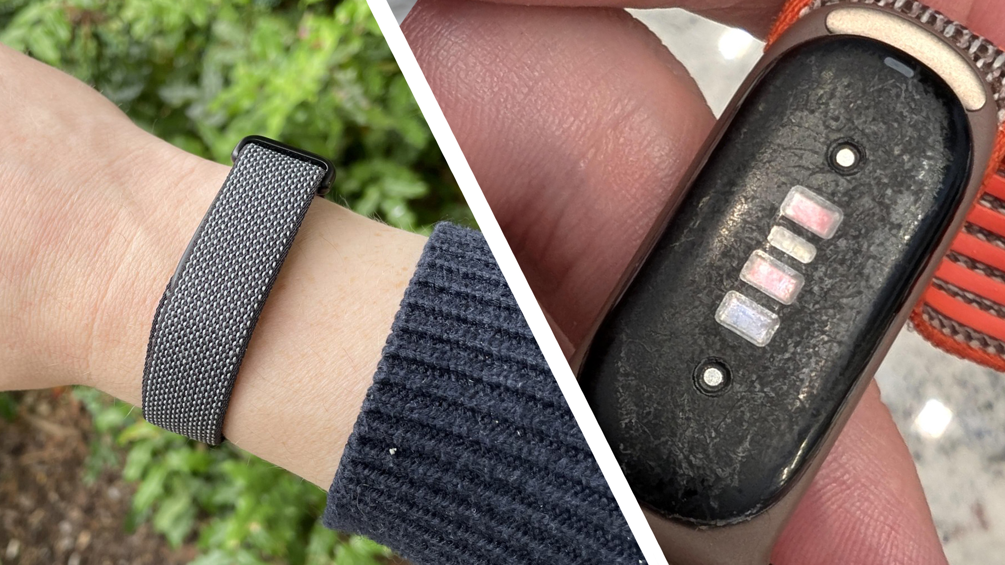 A Fitbit Air on a wrist next to the inside of a Fitbit Air showing damage from DEET or insect spray