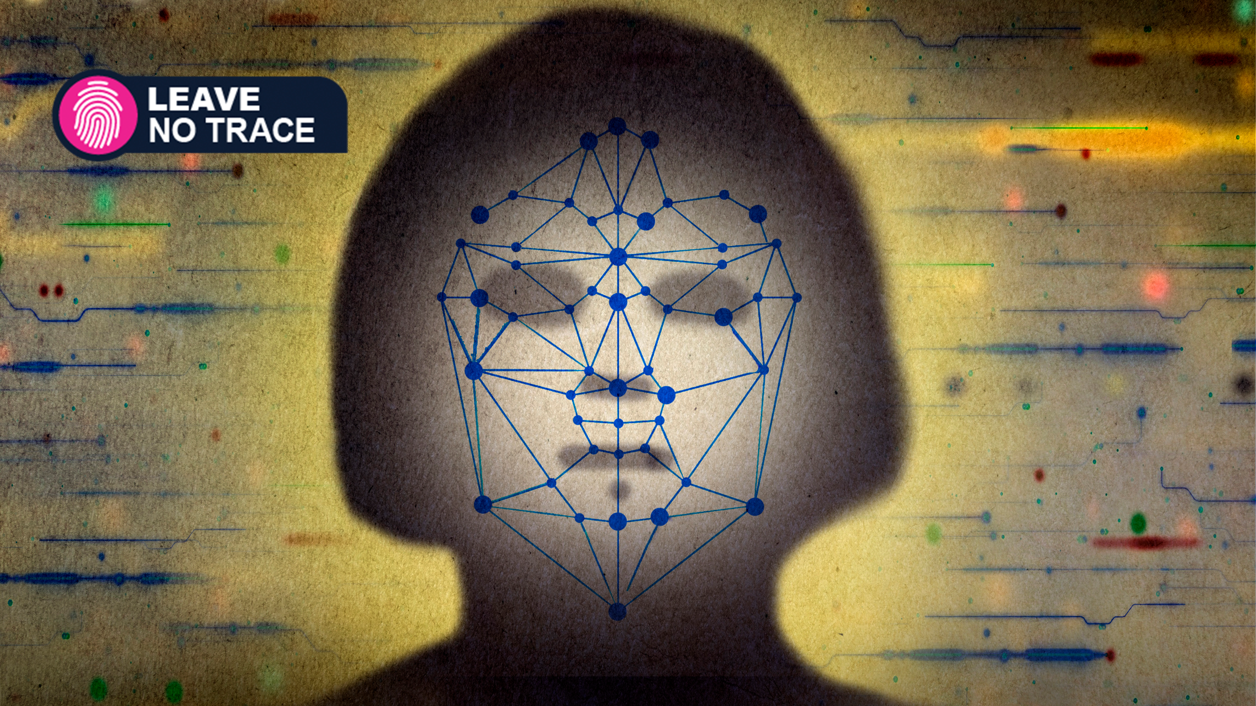 AI facial recognition technology on face - stock illustration, Leave No Trace logo on top left