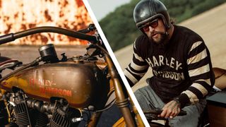 An old Harley Davidson motorbike next to Jason Momoa riding a motorbike