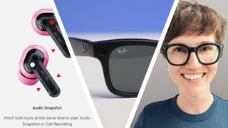 A triple split-image, showing Nothing pink earbuds (a screengrab from the Nothing X app), Meta Ray-Ban 2nd Gen glasses on blue background, and a woman with short hair, wearing glasses and smiling