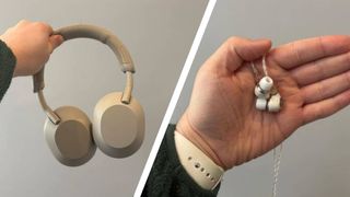 The Sony WH1000XM5 headphones next to the Meze Audio Alba wired earbuds 