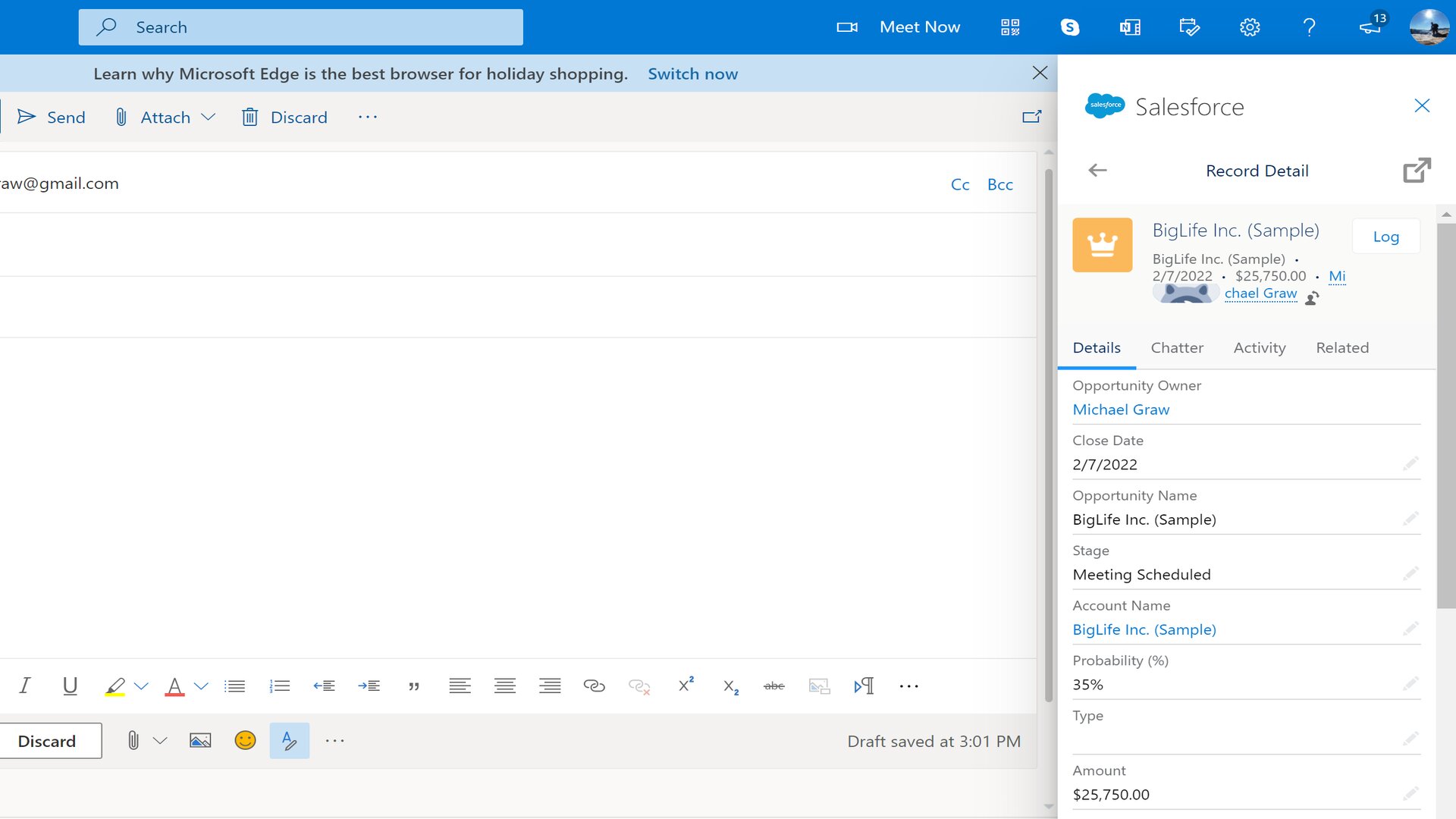 A new email in Microsoft Outlook with the Salesforce app panel displaying a contact record.