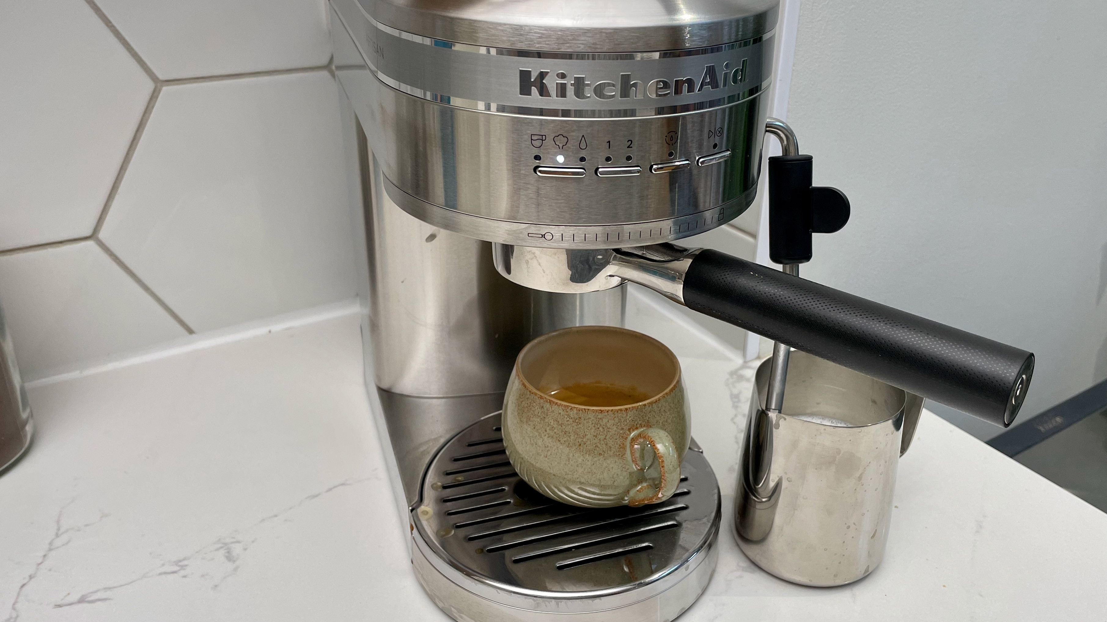 The KitchenAid Artisan Espresso Machine KES6503 being used to brew espresso