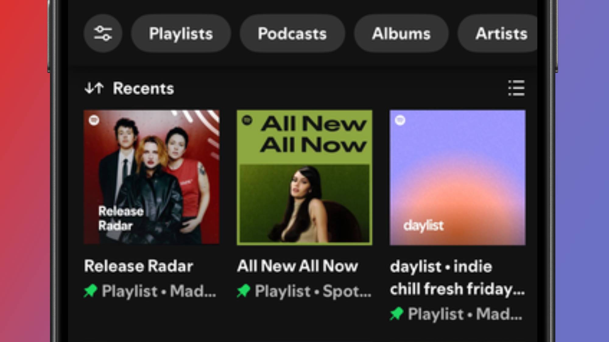 A close up of pinned playlists in the Spotify library