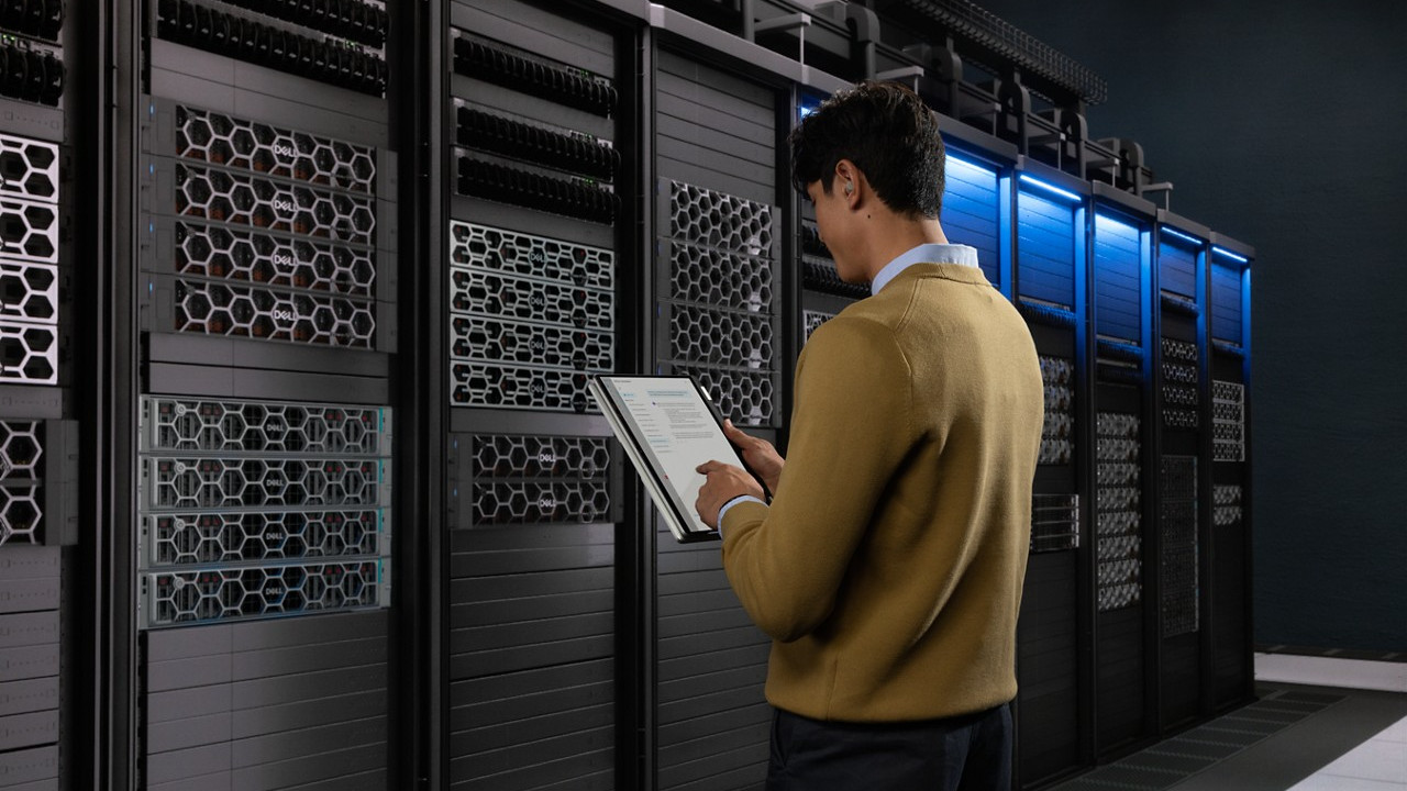 Dell servers with a person stood in front of them