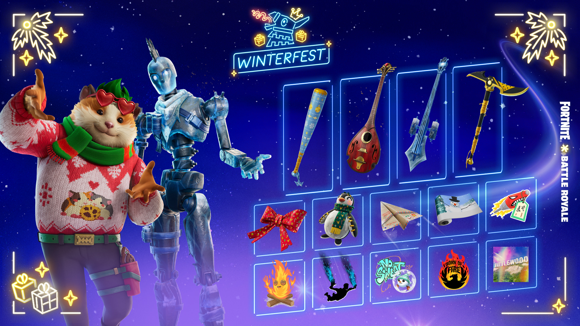 Fortnite Winterfest rewards including musical instruments, paper airplane gliders, and more