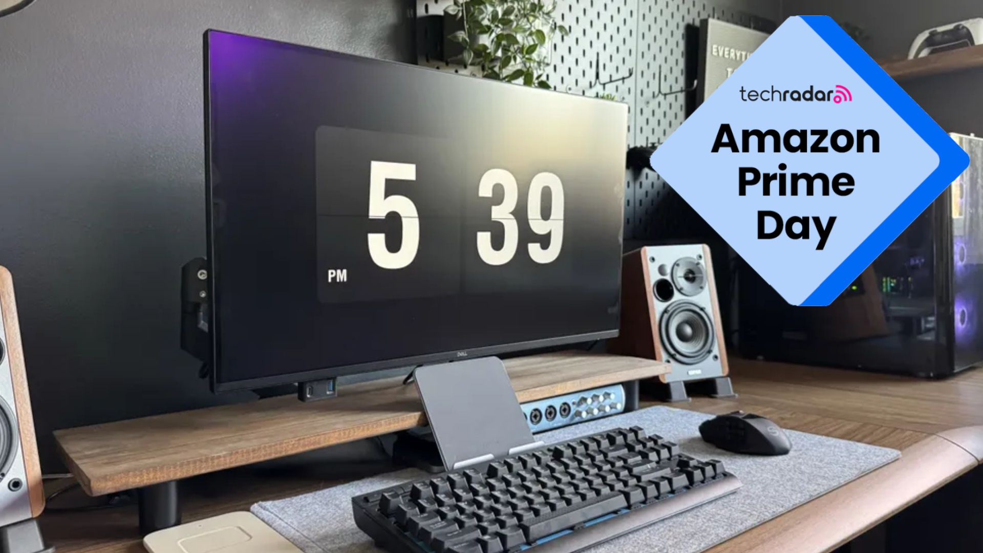 A TechRadar reviewer's home office with a blue diamond TechRadar badge that reads 'Amazon Prime Day'