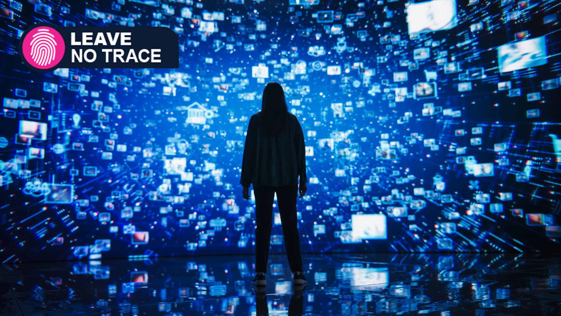 Young Woman Standing Before a Dynamic Digital Screen, Immersed in Internet Visualization + TechRadar's Leave No Trace logo on the upper left