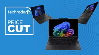 Three Lenovo ThinkPads on a blue background next to a TechRadar badge that reads 'Price Cut'