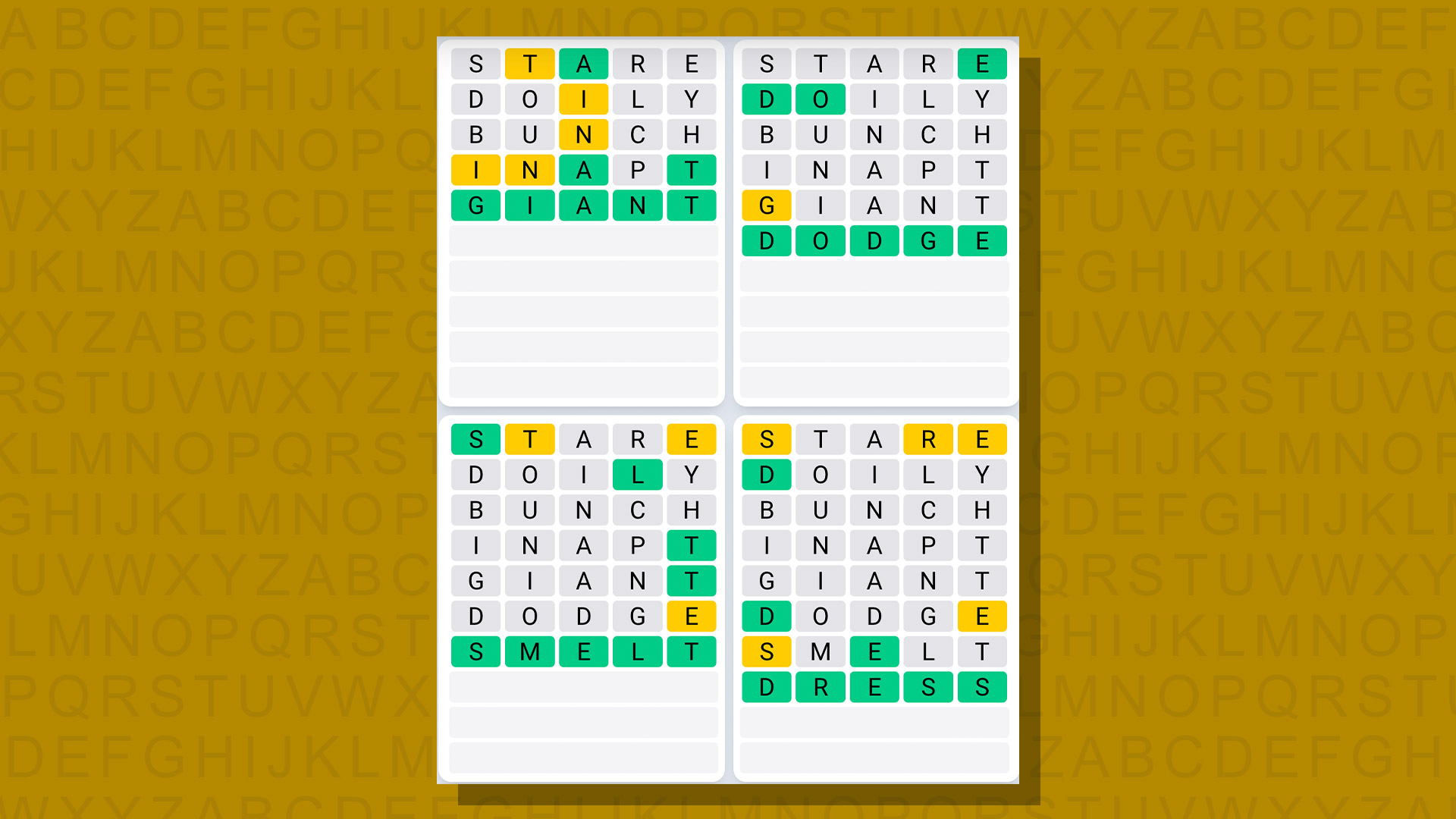 Quordle daily sequence answers for game 680 on a yellow background