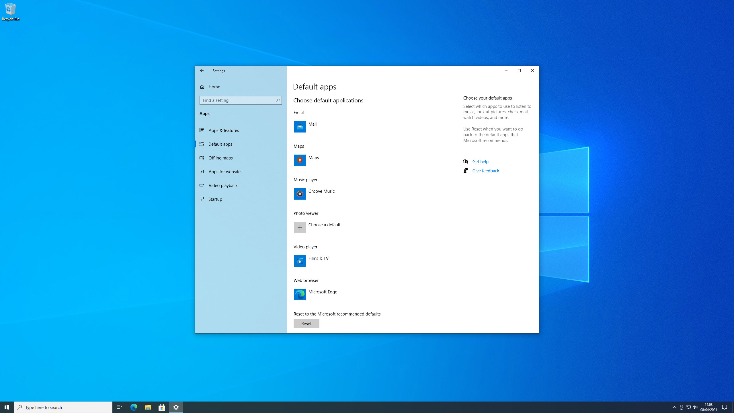 Windows 10 default apps screen