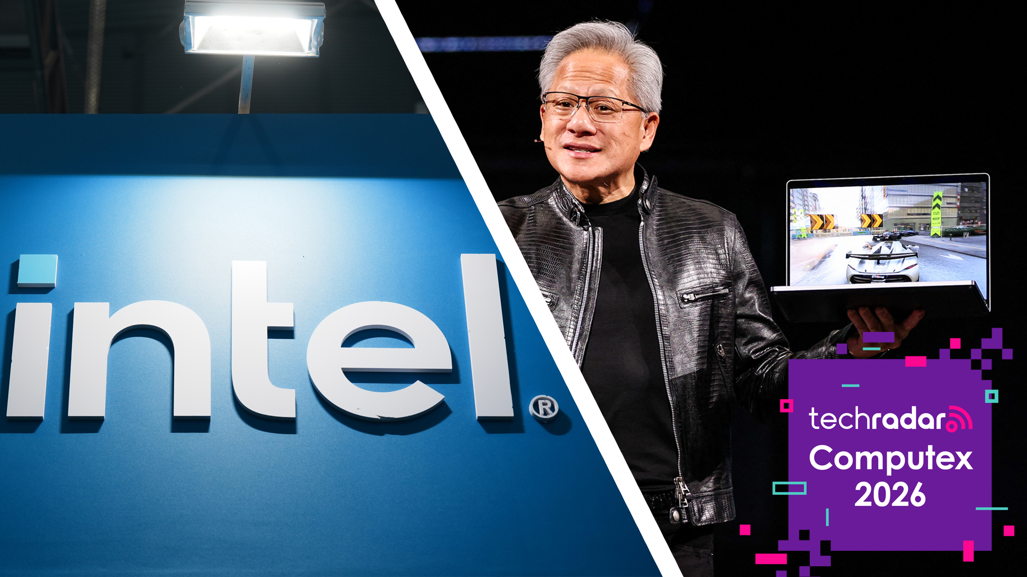 The Intel logo next to Nvidia CEO Jensen Huang holding a laptop on stage at Computex 2026