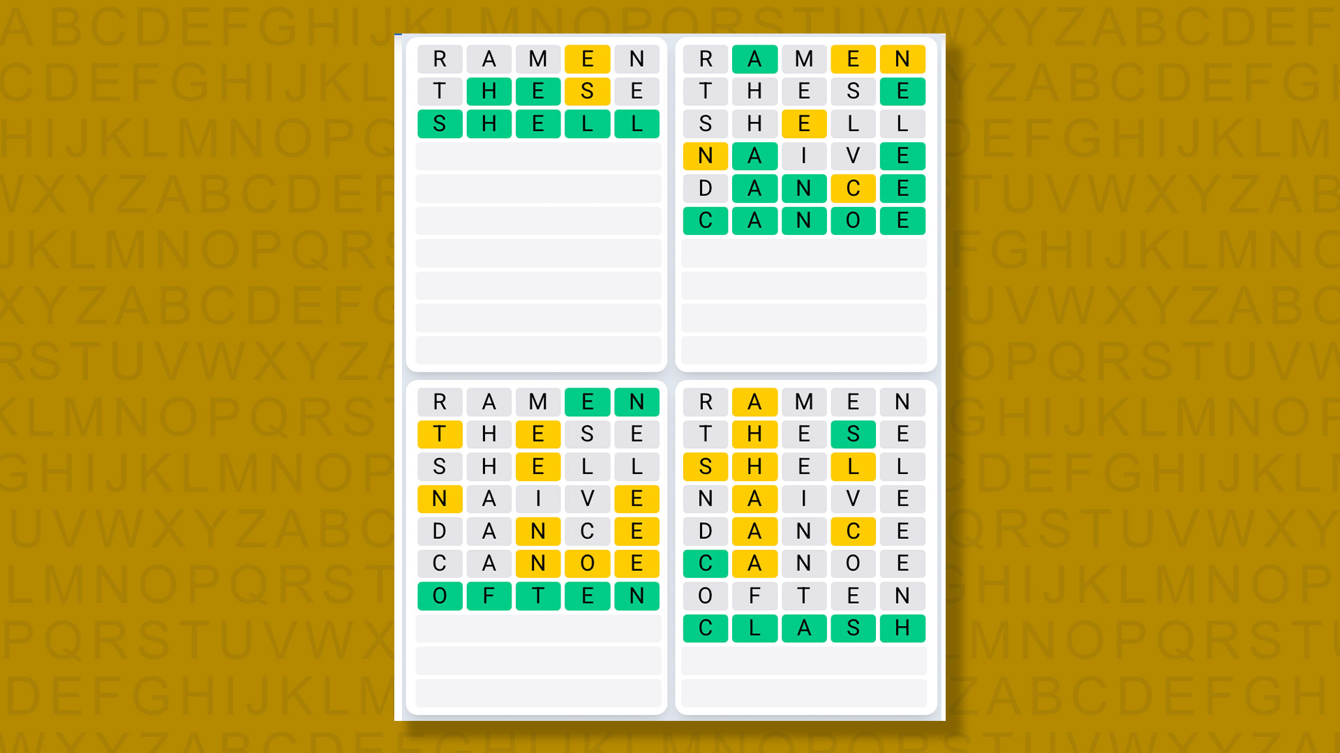 Quordle Daily Sequence answers for game 1563 on a yellow background