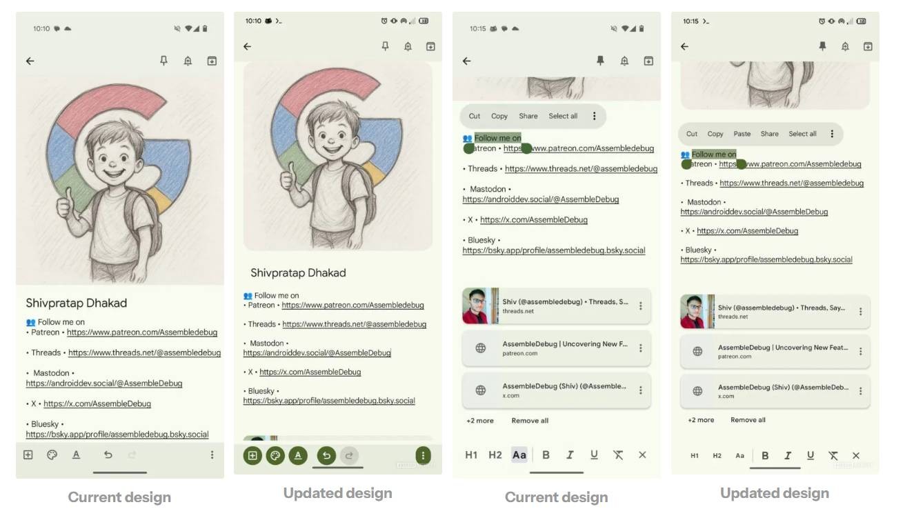 A screen shot of first-look images at Google Keep's interface redesign