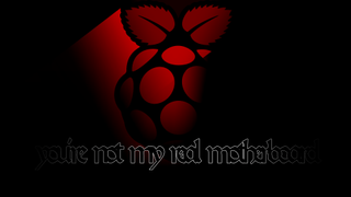 A Raspberry Pi logo baked in demon dracula light. Text, in Gothic font: "you're not my real motherboard"
