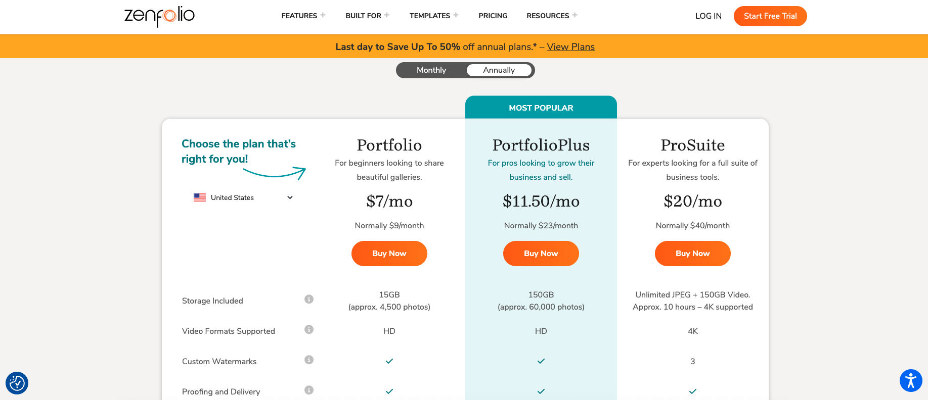 pricing table for zenfolio
