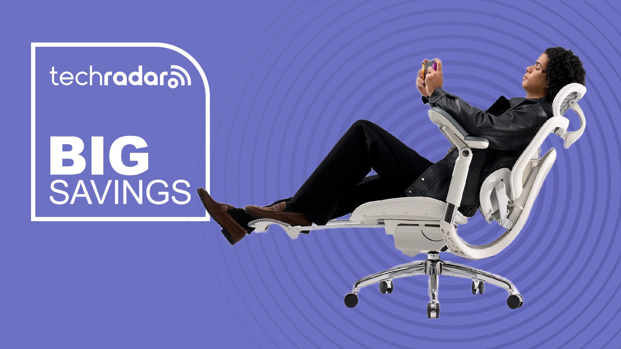 A person relaxing on the Sihoo C300 Pro V2 against a purple background next to a TechRadar badge that reads 'Big Savings'