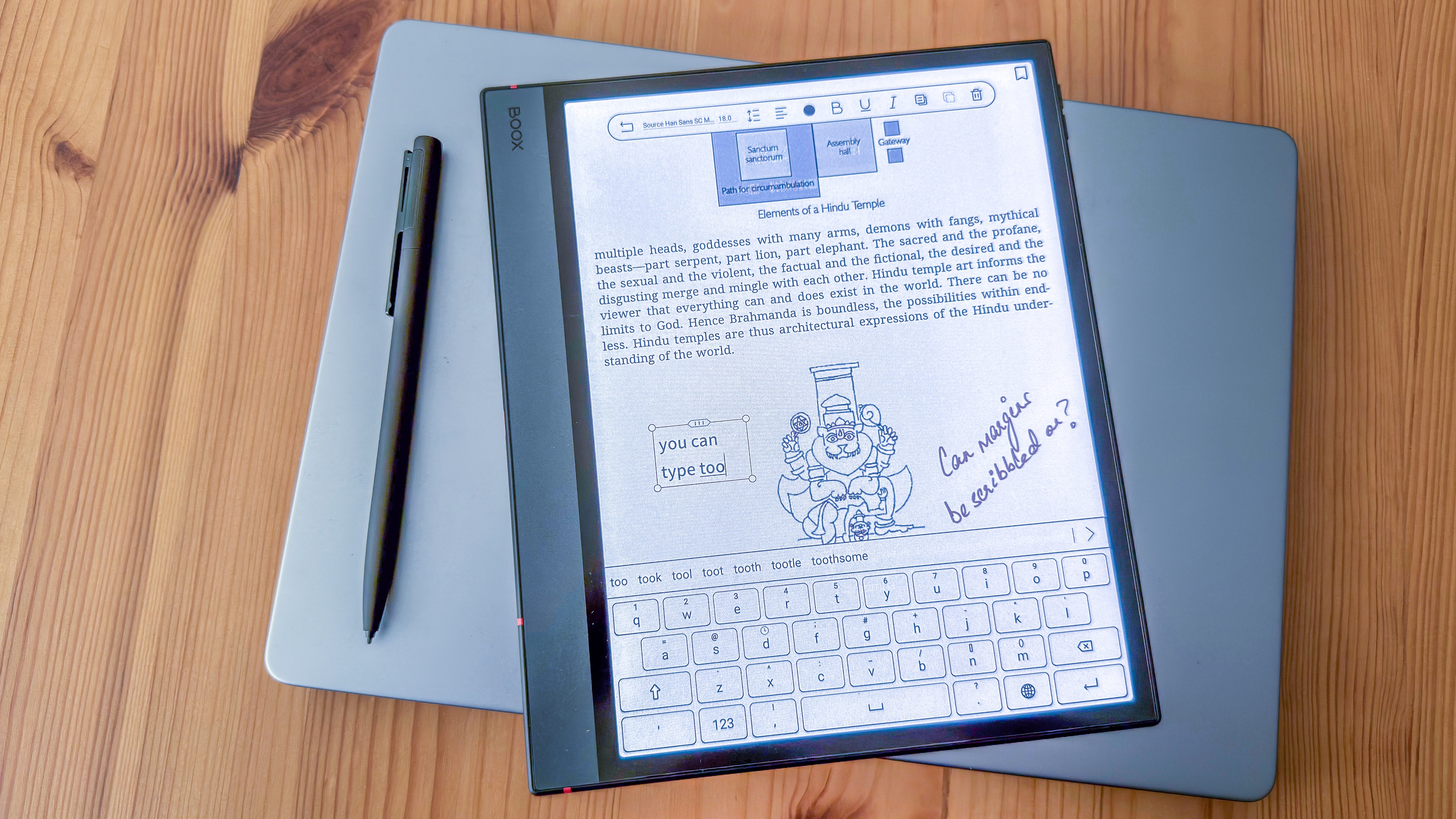 Onscreen keyboard and notes on a page of a book on the Boox Note Air5 C