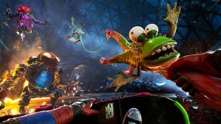 Screenshots from chaotic and colorful first person shooter High on Life 2 showing weapons, enemies, and frantic action